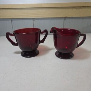 Vintage Anchor Hocking Footed Creamer Open Sugar Bowl Dish Royal Ruby Red Glass